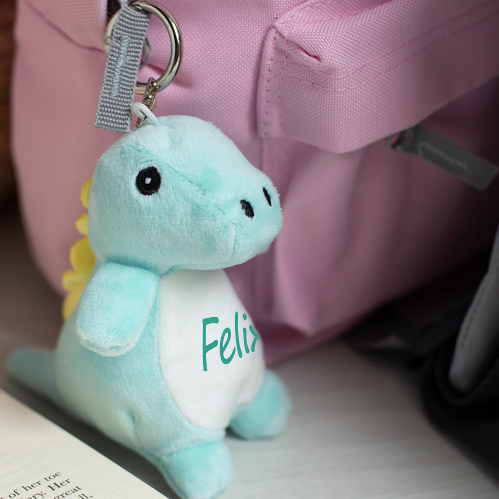 Stofftier Schlüsselanhänger mit Schnellöffner, Personalisierbar mit Name oder Text, Anhänger 16cm Dino
