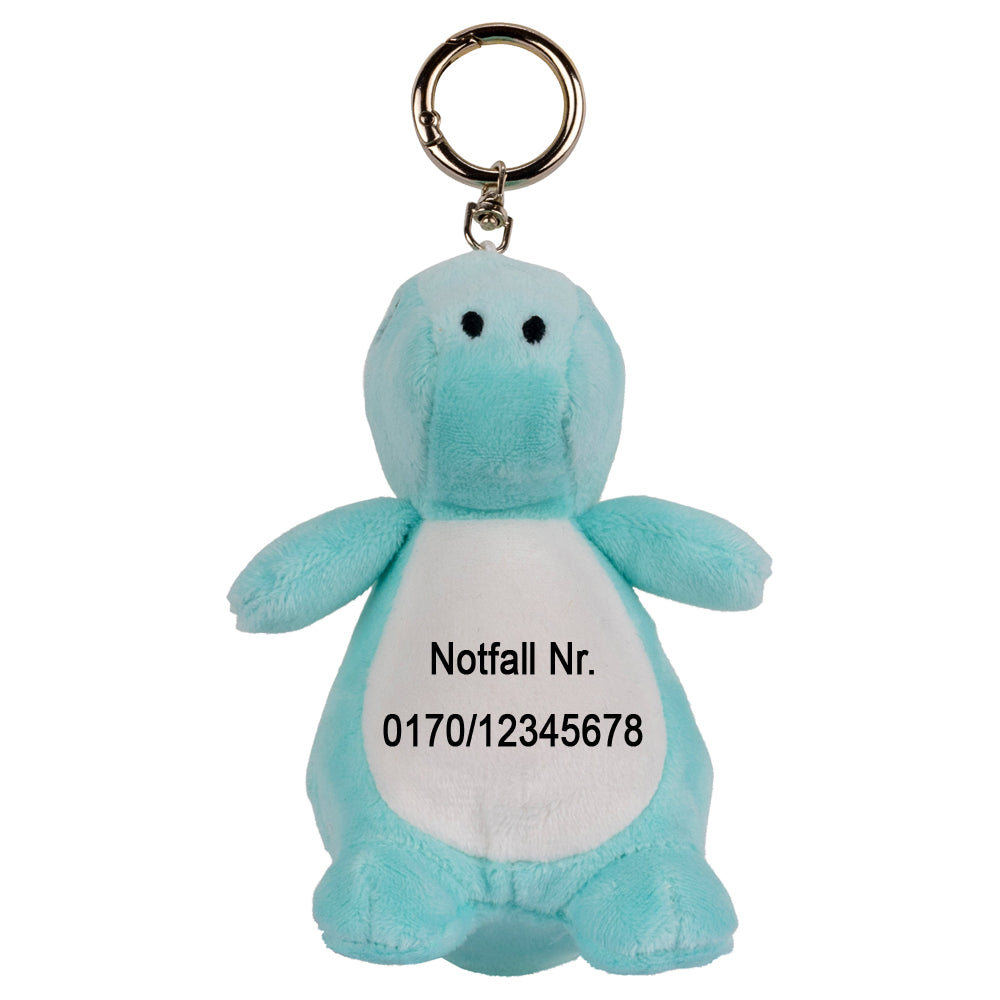 Stofftier Schlüsselanhänger mit Schnellöffner, Personalisierbar mit Name oder Text, Anhänger 16cm Dino