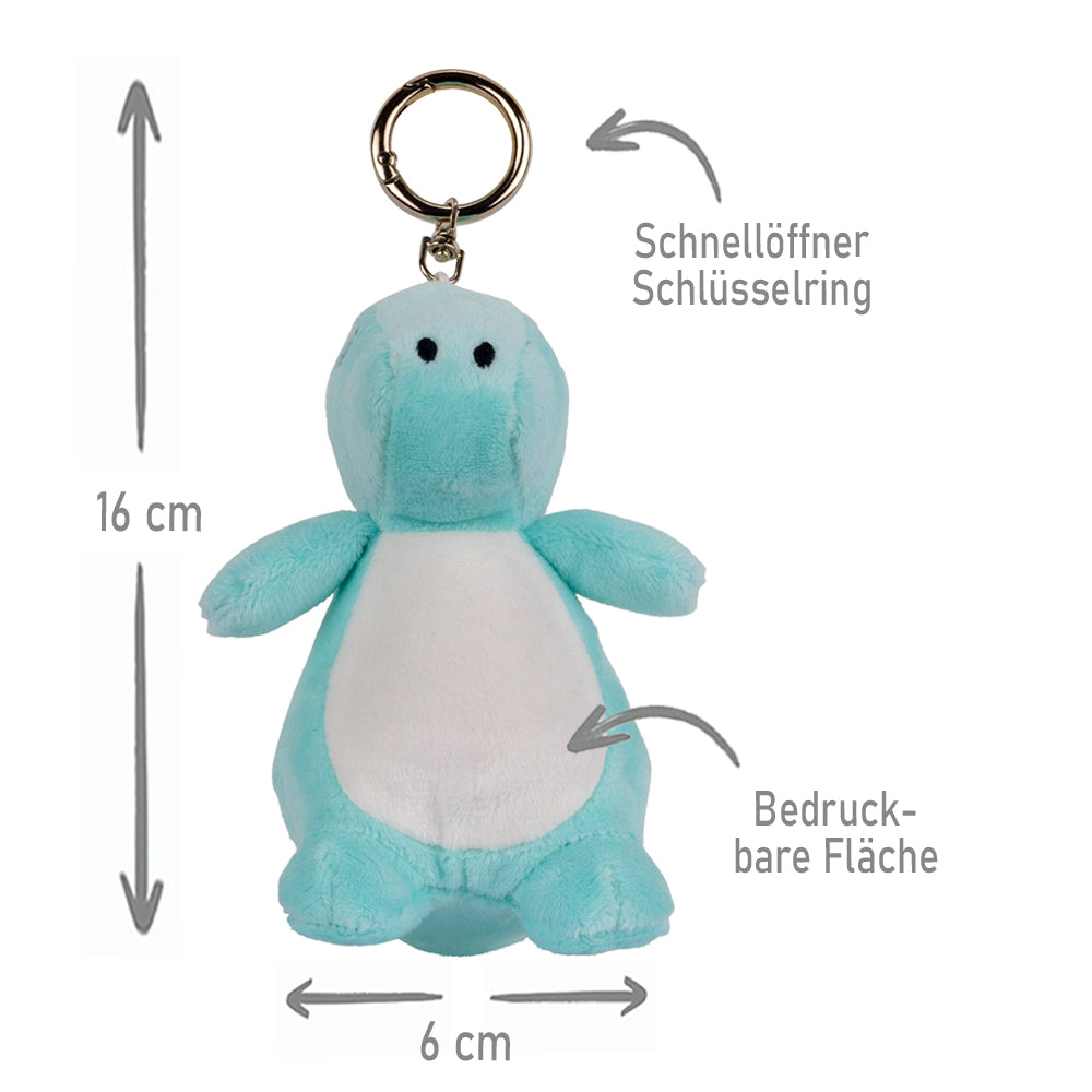 Stofftier Schlüsselanhänger mit Schnellöffner, Personalisierbar mit Name oder Text, Anhänger 16cm Dino