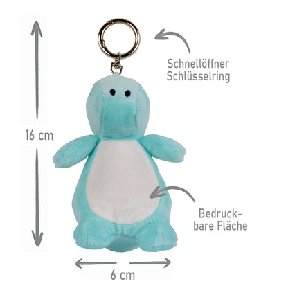 Stofftier Schlüsselanhänger mit Schnellöffner, Personalisierbar mit Name oder Text, Anhänger 16cm Dino