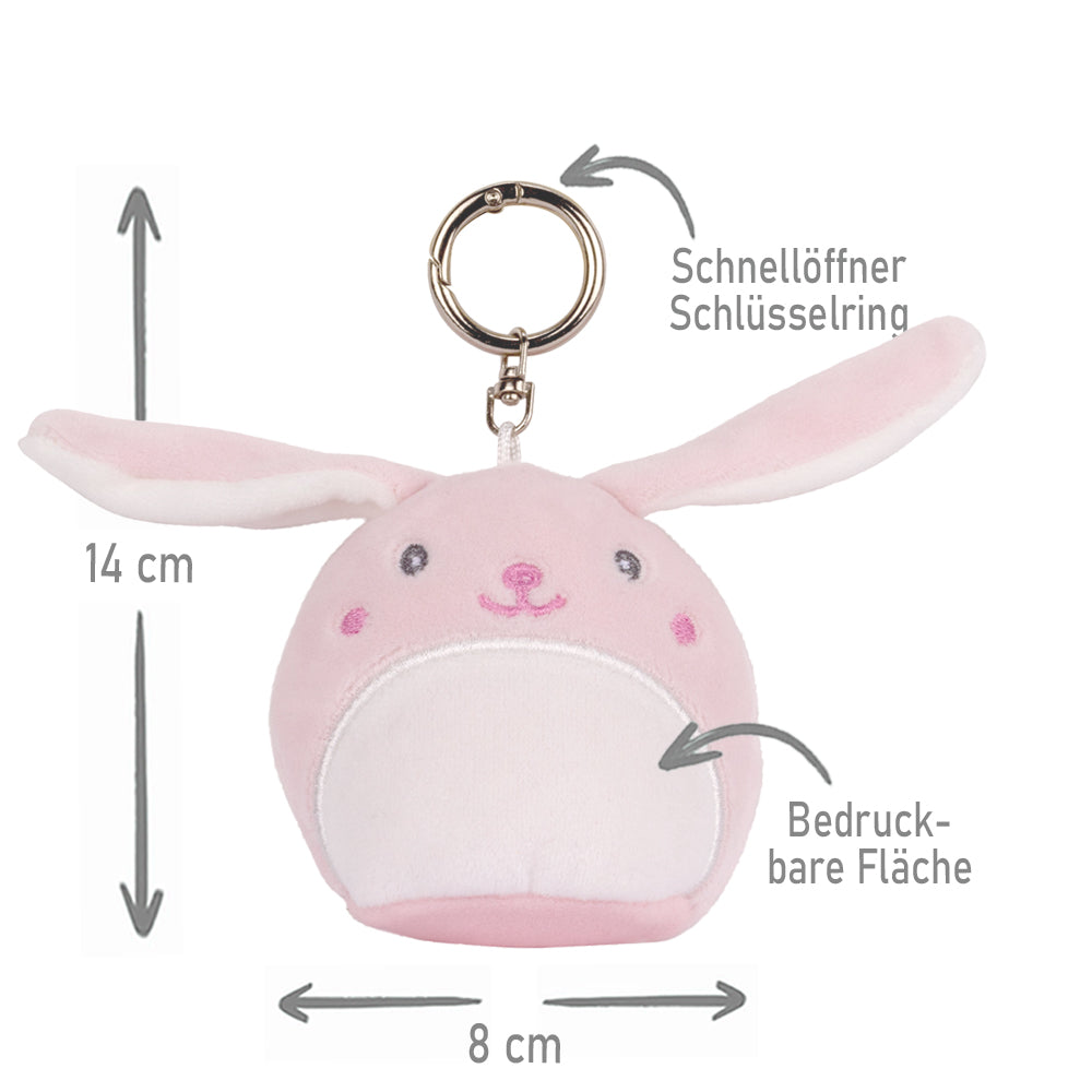 Stofftier Schlüsselanhänger mit Schnellöffner, Personalisierbar mit Name oder Text, Anhänger 16cm Hase