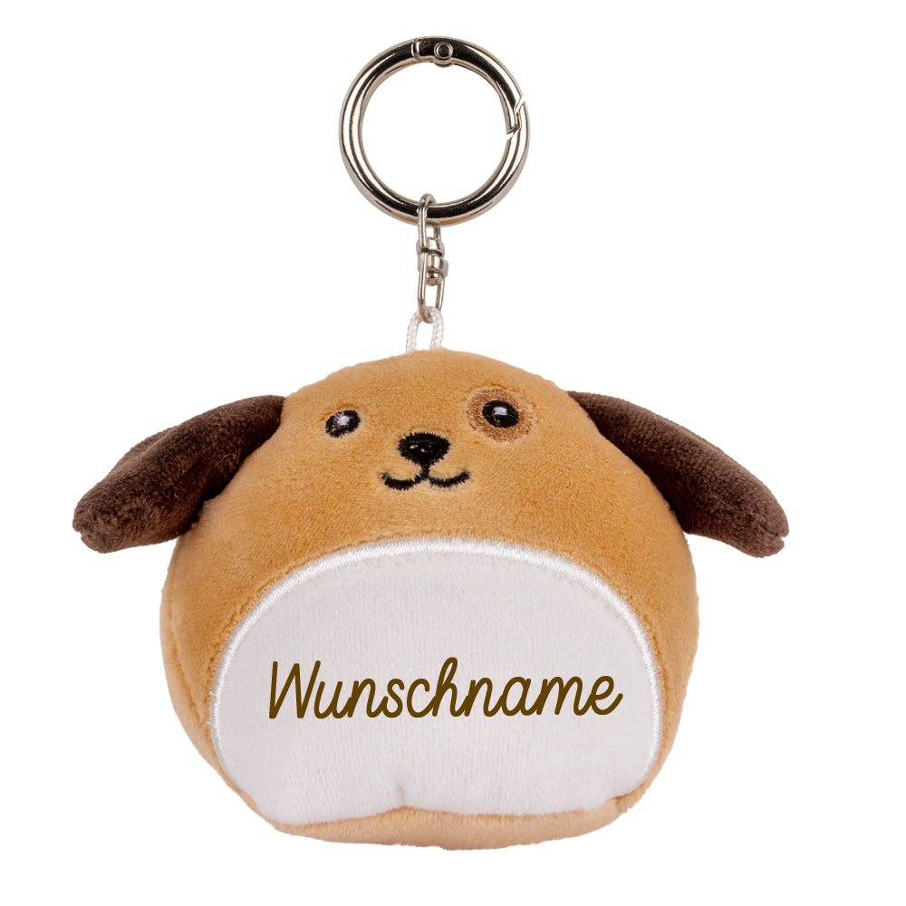 Stofftier Schlüsselanhänger mit Schnellöffner, Personalisierbar mit Name oder Text, Anhänger 16cm Hund