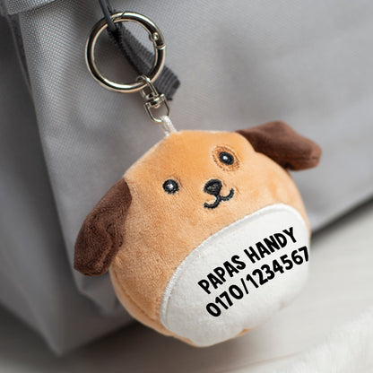 Stofftier Schlüsselanhänger mit Schnellöffner, Personalisierbar mit Name oder Text, Anhänger 16cm Hund