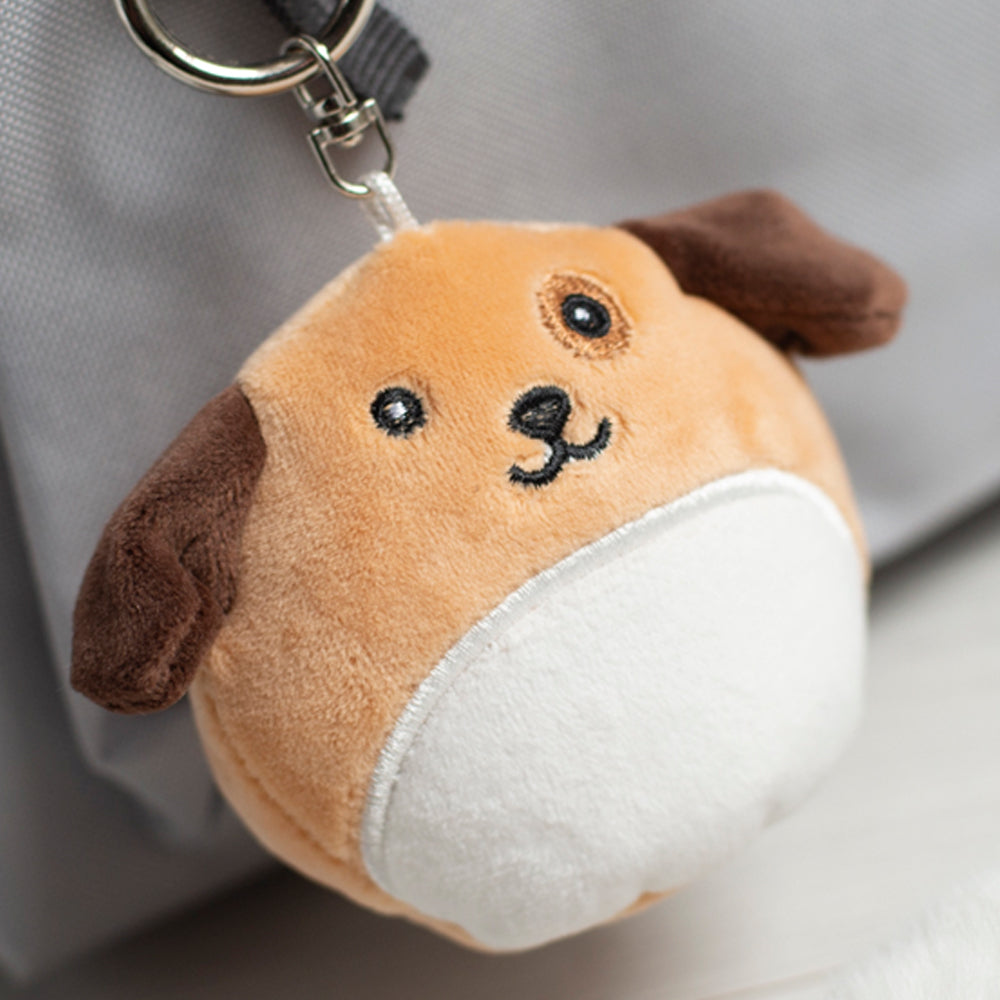 Stofftier Schlüsselanhänger mit Schnellöffner, Personalisierbar mit Name oder Text, Anhänger 16cm Hund