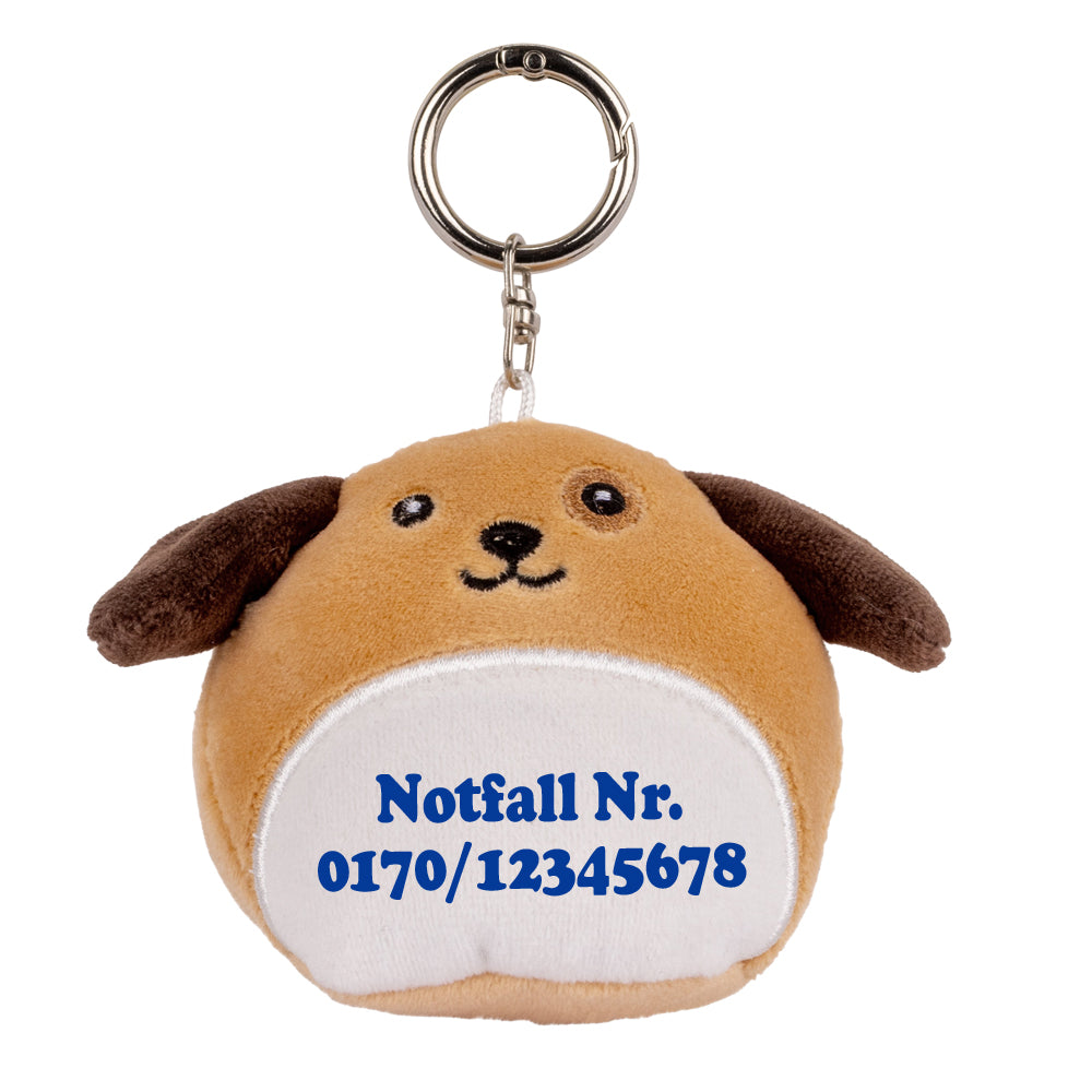 Stofftier Schlüsselanhänger mit Schnellöffner, Personalisierbar mit Name oder Text, Anhänger 16cm Hund
