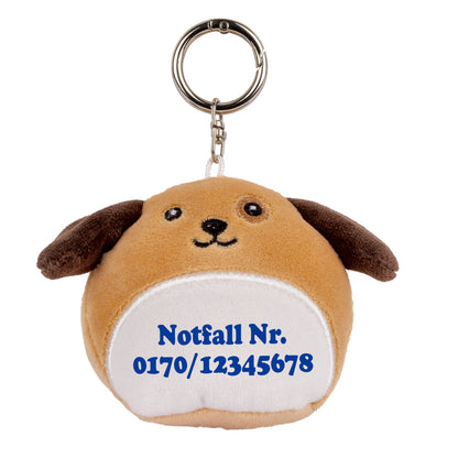 Stofftier Schlüsselanhänger mit Schnellöffner, Personalisierbar mit Name oder Text, Anhänger 16cm Hund