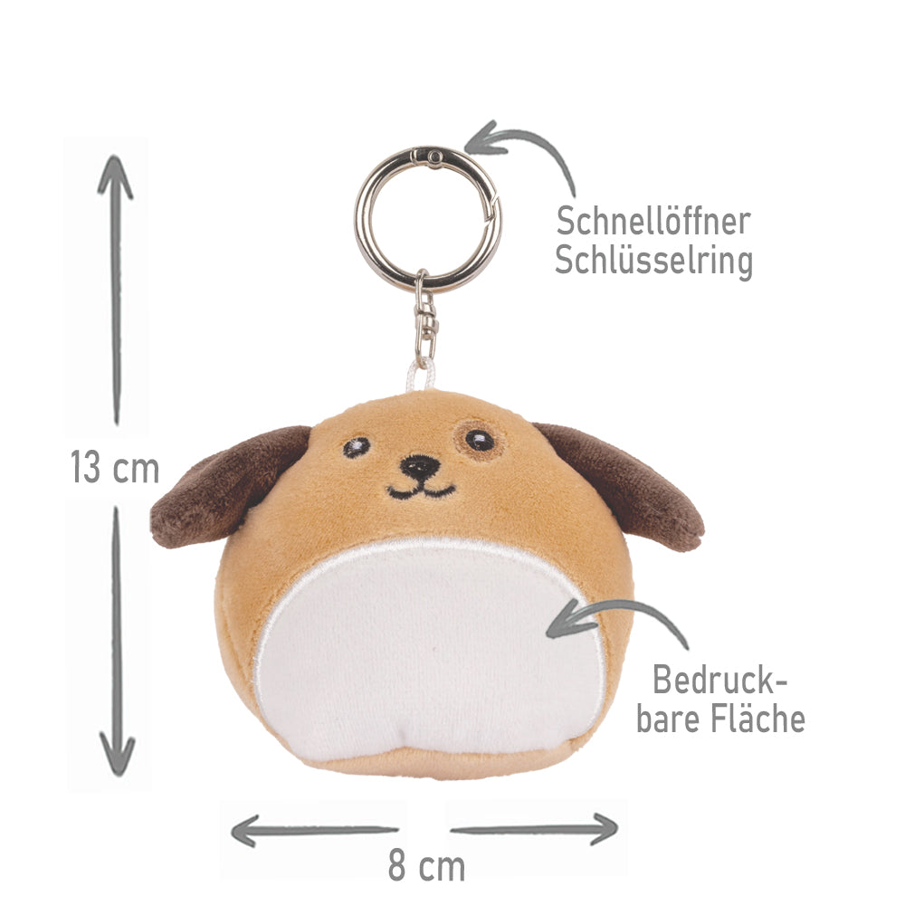Stofftier Schlüsselanhänger mit Schnellöffner, Personalisierbar mit Name oder Text, Anhänger 16cm Hund