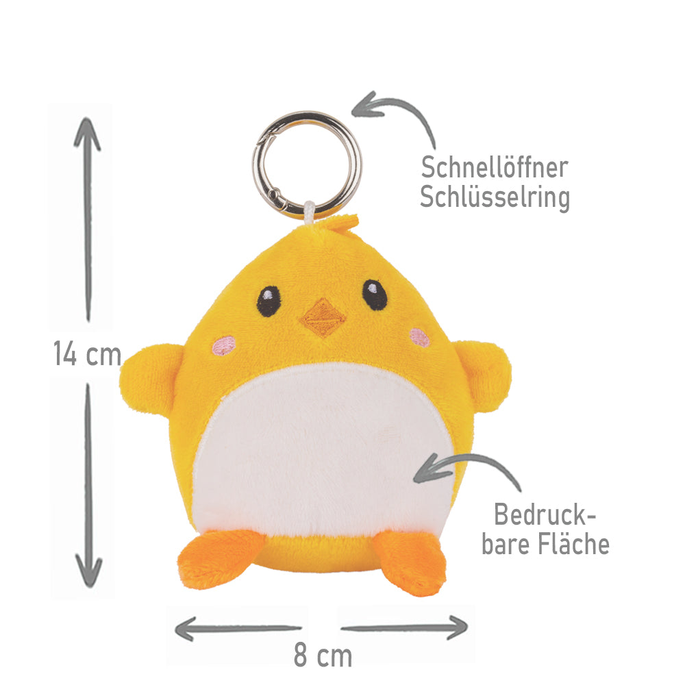 Stofftier Schlüsselanhänger mit Schnellöffner, Personalisierbar mit Name oder Text, Anhänger 16cm Küken