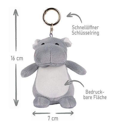 Stofftier Schlüsselanhänger mit Schnellöffner, Personalisierbar mit Name oder Text, Anhänger 16cm Nilpferd