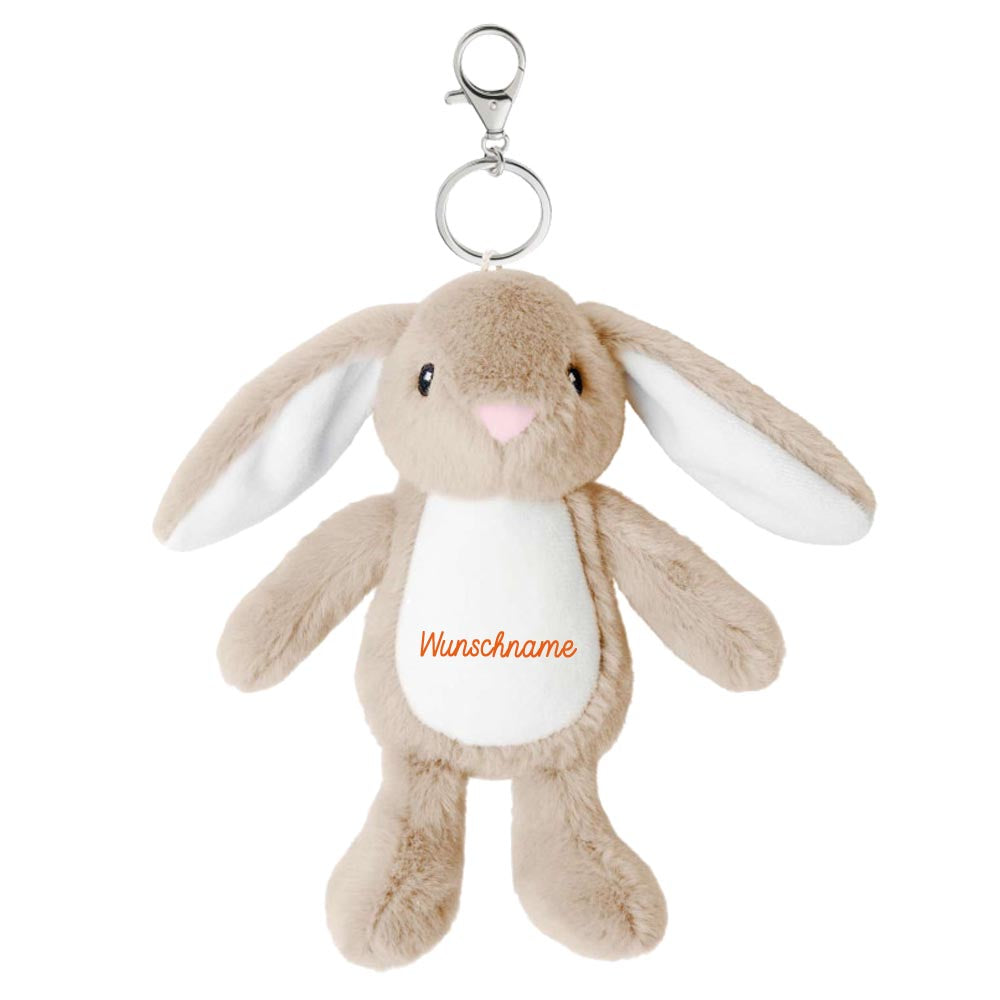 Plüschtier Schlüsselanhänger Hase hellbraun mit Schnellöffner, Personalisierbar mit Name oder Text, Stofftier Anhänger