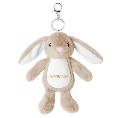 Plüschtier Schlüsselanhänger Hase hellbraun mit Schnellöffner, Personalisierbar mit Name oder Text, Stofftier Anhänger