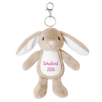Plüschtier Schlüsselanhänger Hase hellbraun mit Schnellöffner, Personalisierbar mit Name oder Text, Stofftier Anhänger