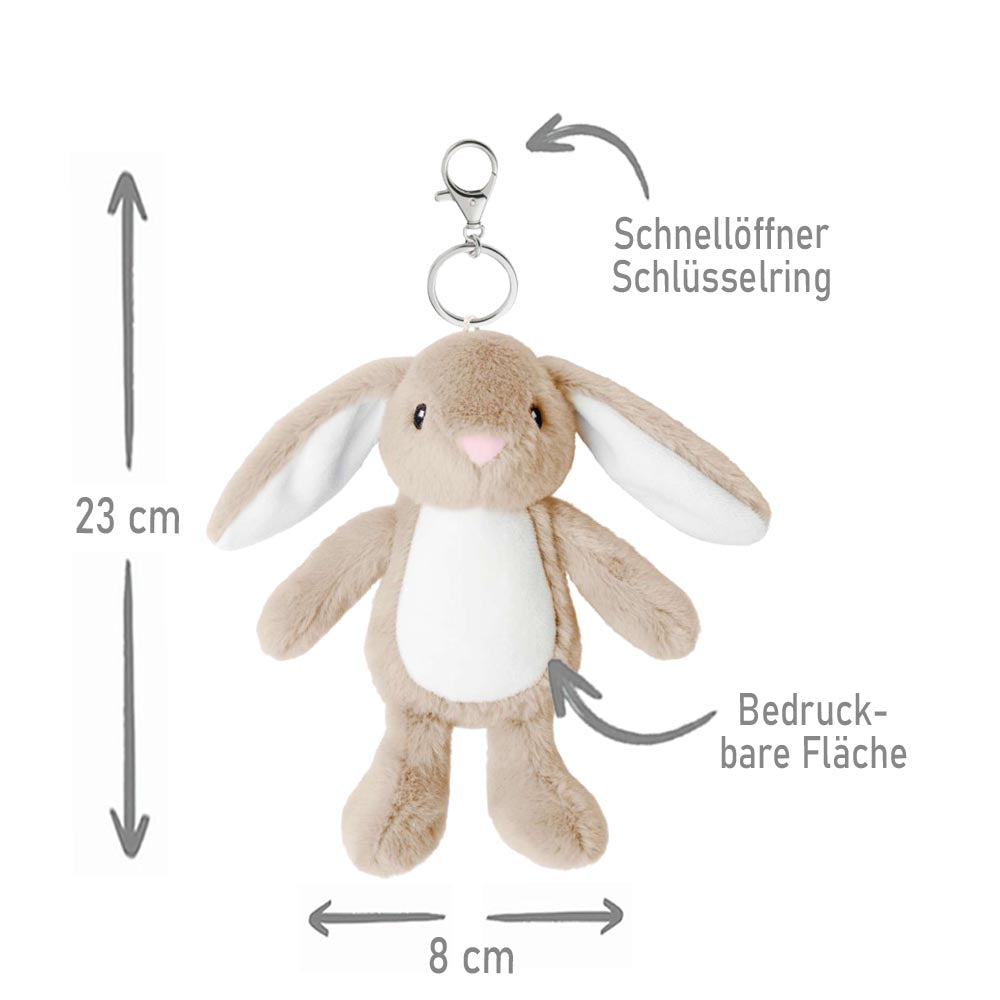 Plüschtier Schlüsselanhänger Hase hellbraun mit Schnellöffner, Personalisierbar mit Name oder Text, Stofftier Anhänger