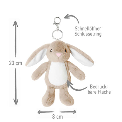 Plüschtier Schlüsselanhänger Hase hellbraun mit Schnellöffner, Personalisierbar mit Name oder Text, Stofftier Anhänger
