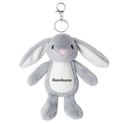 Plüschtier Schlüsselanhänger Hase grau mit Schnellöffner, Personalisierbar mit Name oder Text, Stofftier Anhänger