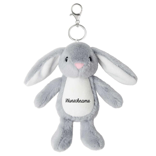 Plüschtier Schlüsselanhänger Hase grau mit Schnellöffner, Personalisierbar mit Name oder Text, Stofftier Anhänger