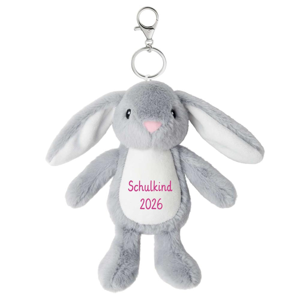 Plüschtier Schlüsselanhänger Hase grau mit Schnellöffner, Personalisierbar mit Name oder Text, Stofftier Anhänger