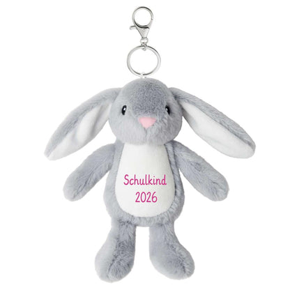 Plüschtier Schlüsselanhänger Hase grau mit Schnellöffner, Personalisierbar mit Name oder Text, Stofftier Anhänger