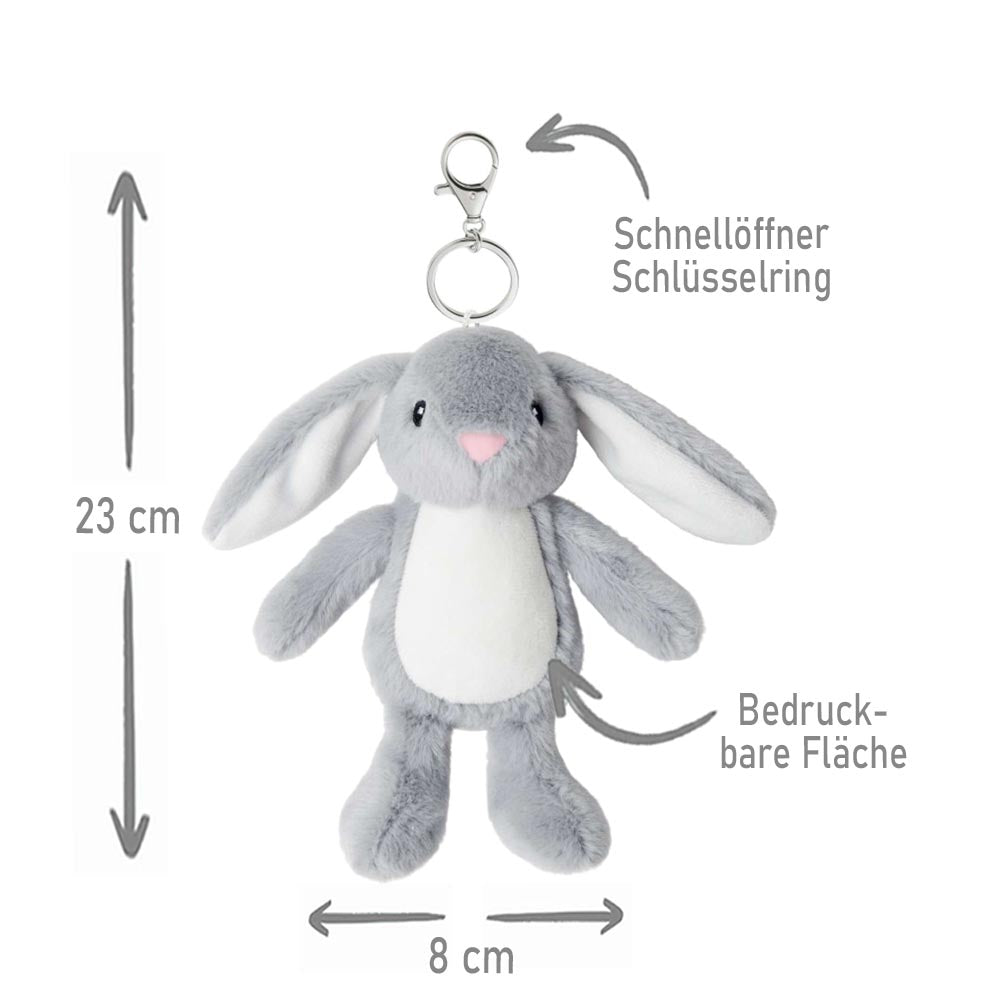 Plüschtier Schlüsselanhänger Hase grau mit Schnellöffner, Personalisierbar mit Name oder Text, Stofftier Anhänger