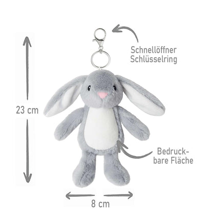 Plüschtier Schlüsselanhänger Hase grau mit Schnellöffner, Personalisierbar mit Name oder Text, Stofftier Anhänger