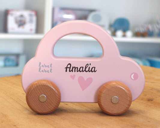 Spielzeug Auto aus Holz rosa personalisiert mit Name Baby Geschenk mit Gravur