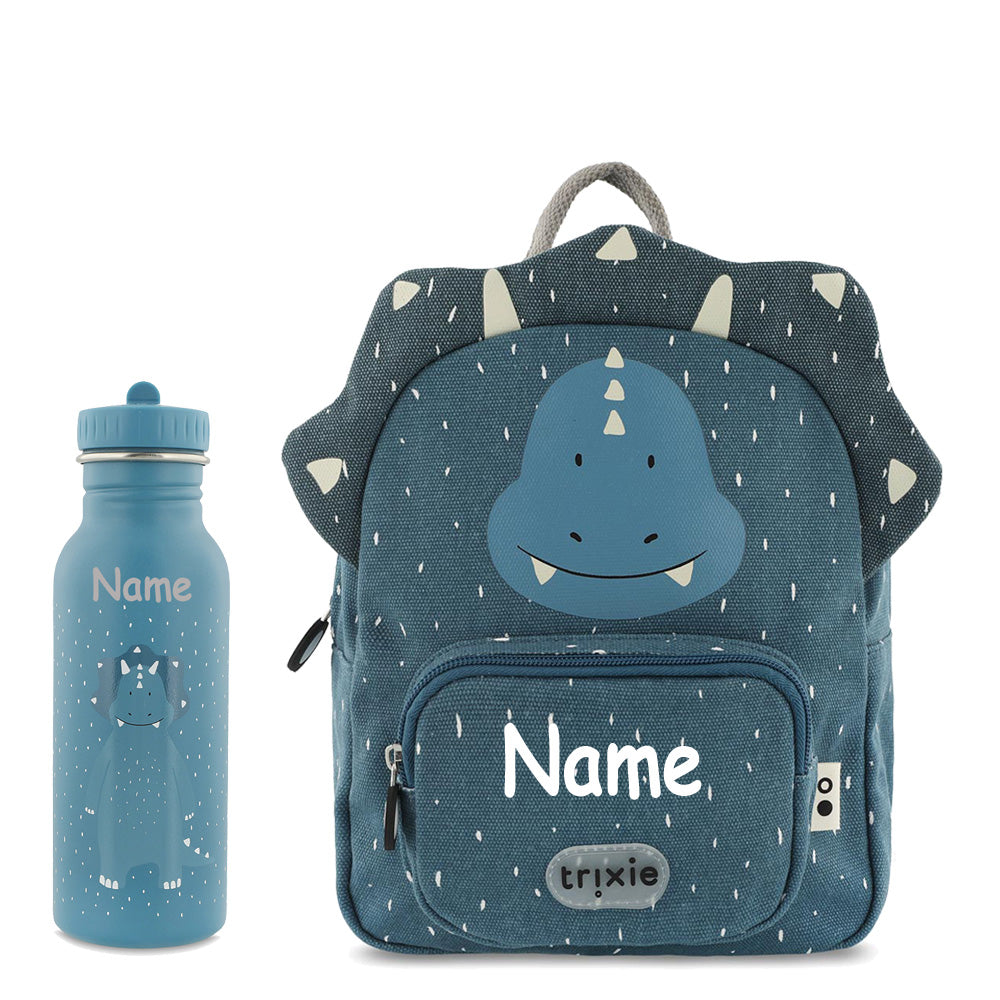 Rucksack + Trinkflasche im Set von Trixie mit Name personalisiert Motiv Triceraptops