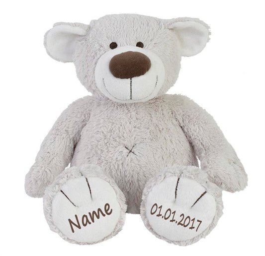 Stofftier Teddy Bär Geschenk mit Namen und Geburtsdatum personalisiert hellgrau