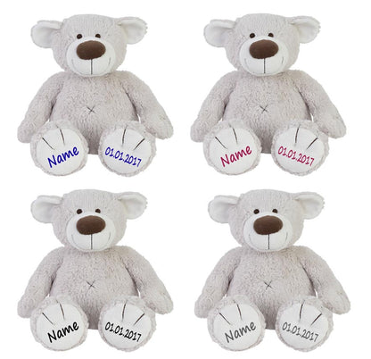 Stofftier Teddy Bär Geschenk mit Namen und Geburtsdatum personalisiert hellgrau