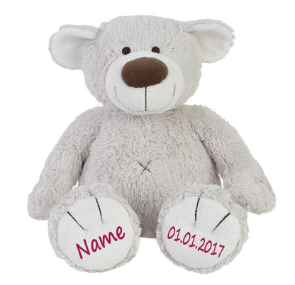 Stofftier Teddy Bär Geschenk mit Namen und Geburtsdatum personalisiert hellgrau