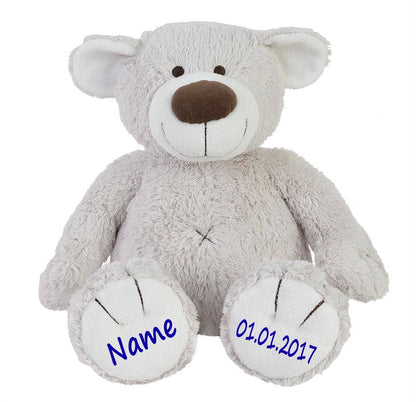 Stofftier Teddy Bär Geschenk mit Namen und Geburtsdatum personalisiert hellgrau