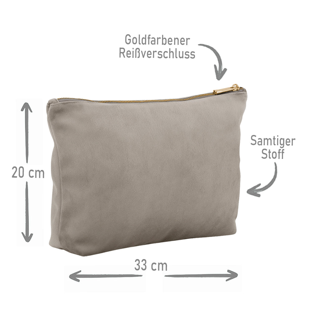 Kosmetiktasche aus Samt mit Name Bedruckt personalisierte Schminktasche für Handtasche Beautybag Accessoire Tasche greige
