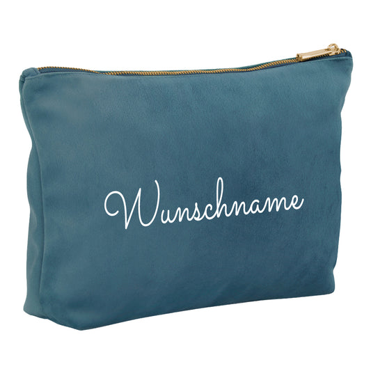 Kosmetiktasche aus Samt mit Name Bedruckt personalisierte Schminktasche für Handtasche Beautybag Accessoire Tasche blau