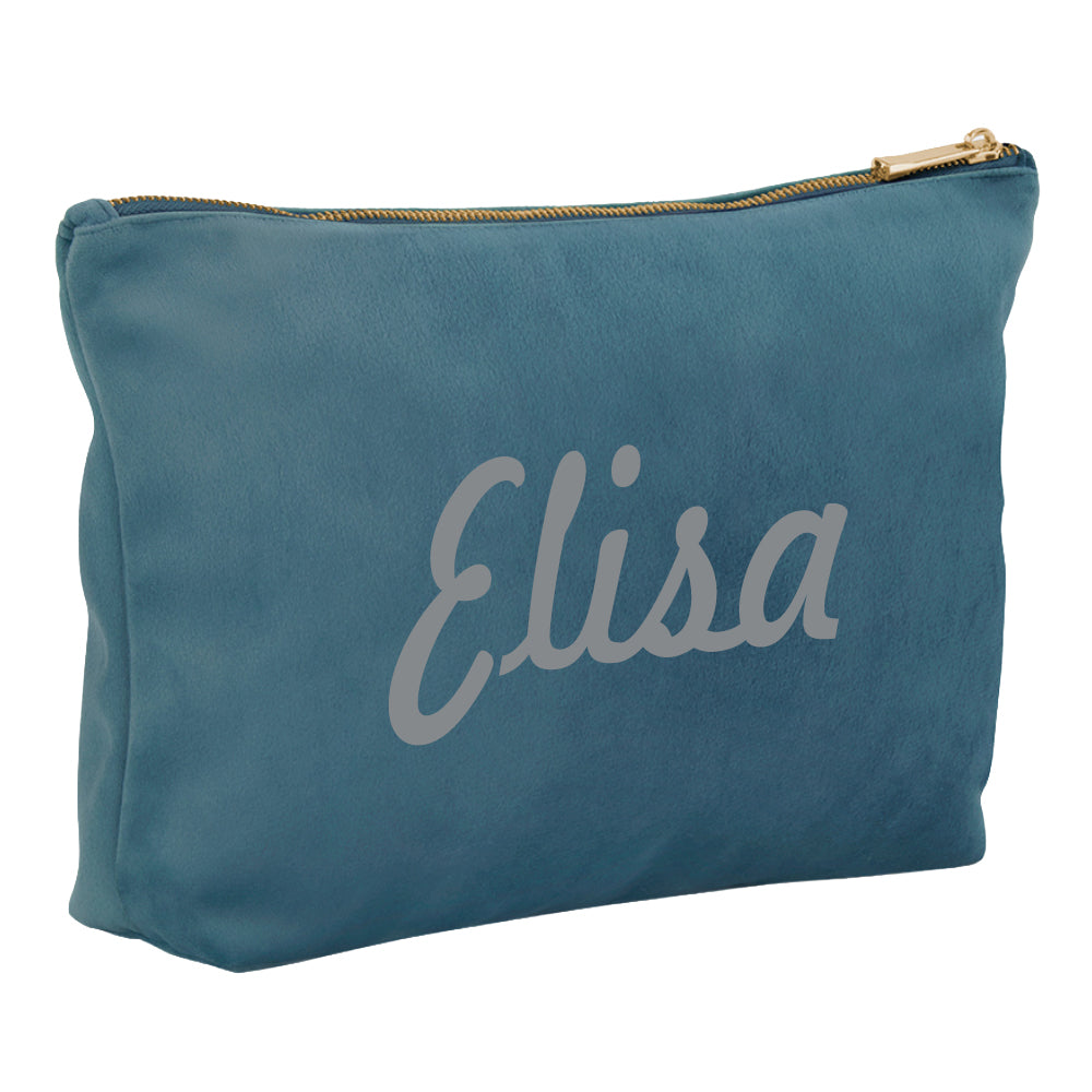 Kosmetiktasche aus Samt mit Name Bedruckt personalisierte Schminktasche für Handtasche Beautybag Accessoire Tasche blau