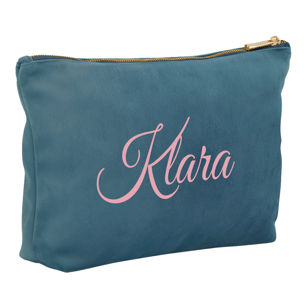 Kosmetiktasche aus Samt mit Name Bedruckt personalisierte Schminktasche für Handtasche Beautybag Accessoire Tasche blau