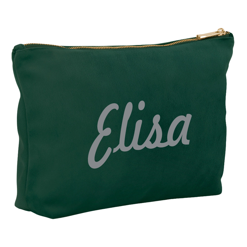 Kosmetiktasche aus Samt mit Name Bedruckt personalisierte Schminktasche für Handtasche Beautybag Accessoire Tasche dunkelgrün