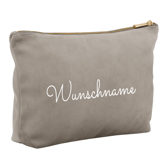 Kosmetiktasche aus Samt mit Name Bedruckt personalisierte Schminktasche für Handtasche Beautybag Accessoire Tasche greige