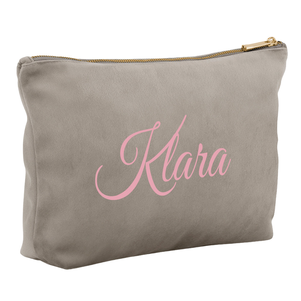 Kosmetiktasche aus Samt mit Name Bedruckt personalisierte Schminktasche für Handtasche Beautybag Accessoire Tasche greige