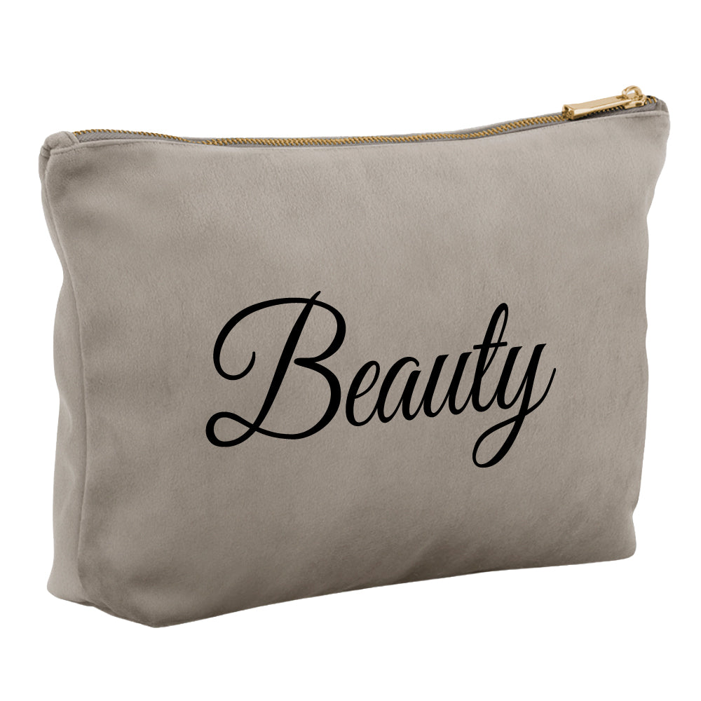 Kosmetiktasche aus Samt mit Name Bedruckt personalisierte Schminktasche für Handtasche Beautybag Accessoire Tasche greige