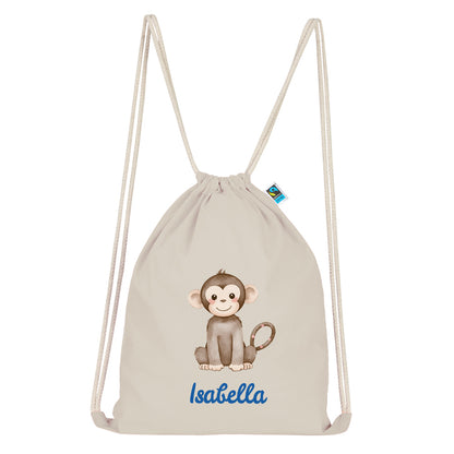 Personalisierter Turnbeutel aus Bio Baumwolle Wäschebeutel für Kinder Stoffbeutel mit Name und Motiv Affe bedruckt
