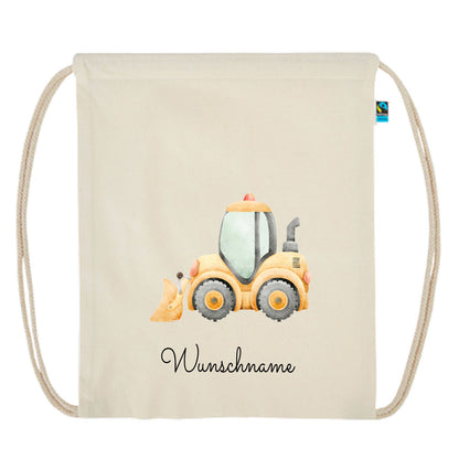 Personalisierter Turnbeutel aus Bio Baumwolle Wäschebeutel für Kinder Stoffbeutel mit Name und Motiv Bagger bedruckt