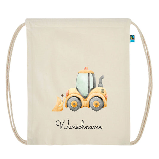 Personalisierter Turnbeutel aus Bio Baumwolle Wäschebeutel für Kinder Stoffbeutel mit Name und Motiv Bagger bedruckt