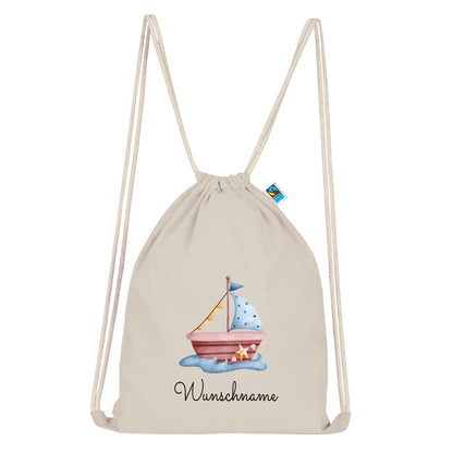 Personalisierter Turnbeutel aus Bio Baumwolle Wäschebeutel für Kinder Stoffbeutel mit Name und Motiv Boot bedruckt