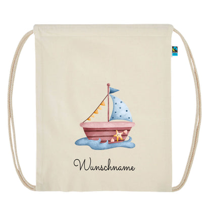 Personalisierter Turnbeutel aus Bio Baumwolle Wäschebeutel für Kinder Stoffbeutel mit Name und Motiv Boot bedruckt