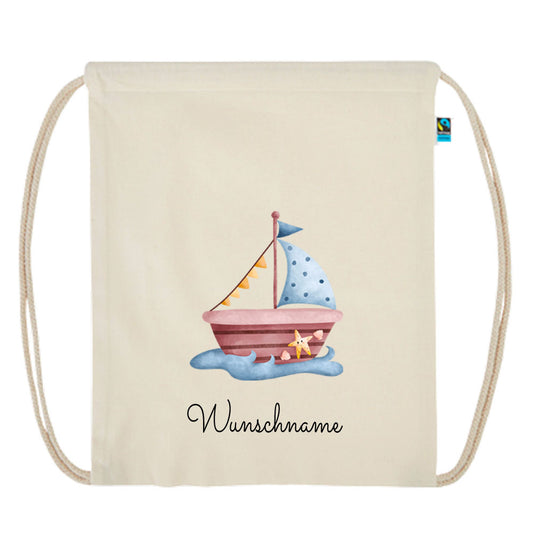 Personalisierter Turnbeutel aus Bio Baumwolle Wäschebeutel für Kinder Stoffbeutel mit Name und Motiv Boot bedruckt