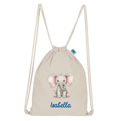 Personalisierter Turnbeutel aus Bio Baumwolle Wäschebeutel für Kinder Stoffbeutel mit Name und Motiv Elefant bedruckt