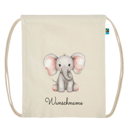Personalisierter Turnbeutel aus Bio Baumwolle Wäschebeutel für Kinder Stoffbeutel mit Name und Motiv Elefant bedruckt