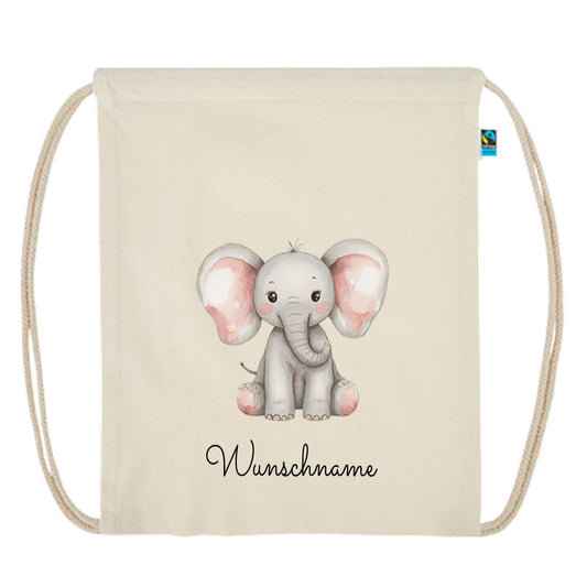 Personalisierter Turnbeutel aus Bio Baumwolle Wäschebeutel für Kinder Stoffbeutel mit Name und Motiv Elefant bedruckt