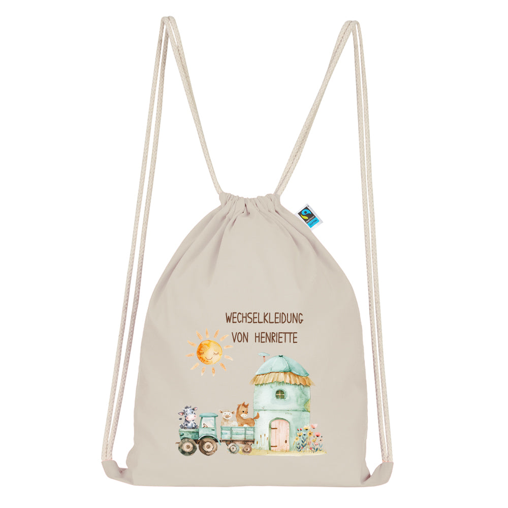 Personalisierter Turnbeutel aus Bio Baumwolle Wäschebeutel für Kinder Stoffbeutel mit Name und Motiv Bauernhof bedruckt