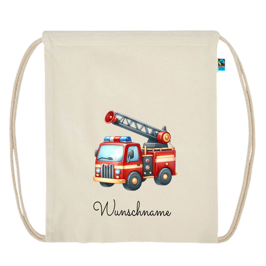 Personalisierter Turnbeutel aus Bio Baumwolle Wäschebeutel für Kinder Stoffbeutel mit Name und Motiv Feuerwehr bedruckt