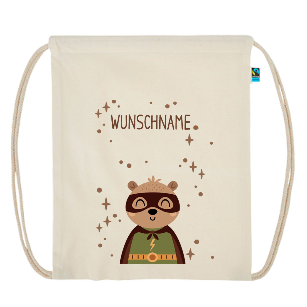 Personalisierter Turnbeutel aus Bio Baumwolle Wäschebeutel für Kinder Stoffbeutel mit Name und Motiv Superheld bedruckt Bär